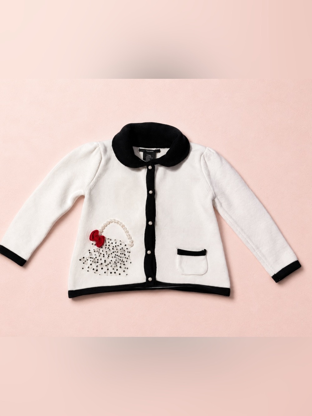 Tahari Girls Knit Cardigan Pears Purse Bow Button Up White Sweater Sassy 24M